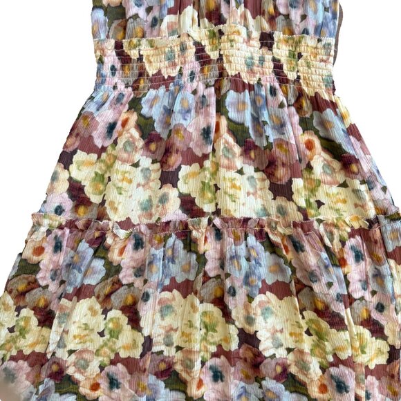 Rails Fiorella Floral Tie Neck Dress Size L Plissé Midi Short Sleeve Lined - Picture 12 of 12